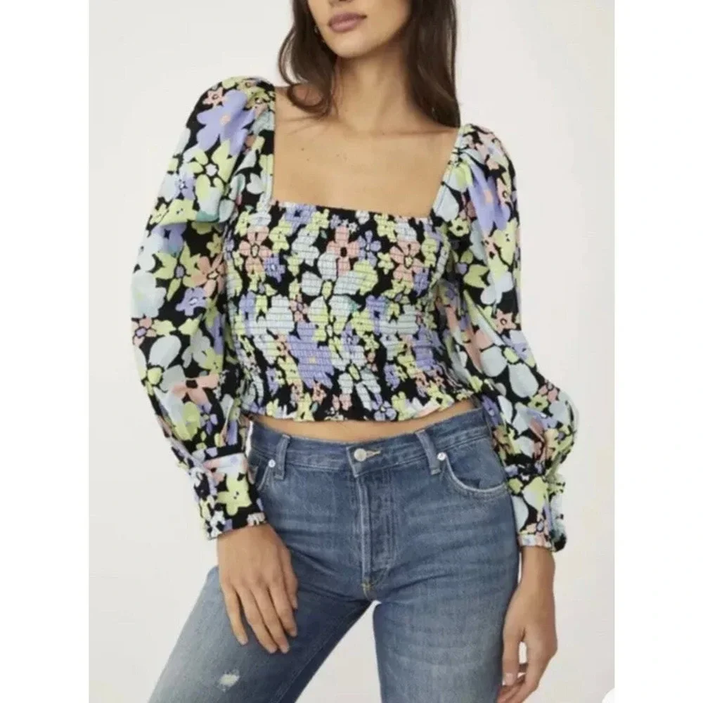 Free People Top Women Extra Small Black Floral Smocked Puff Sleeve Square Neck